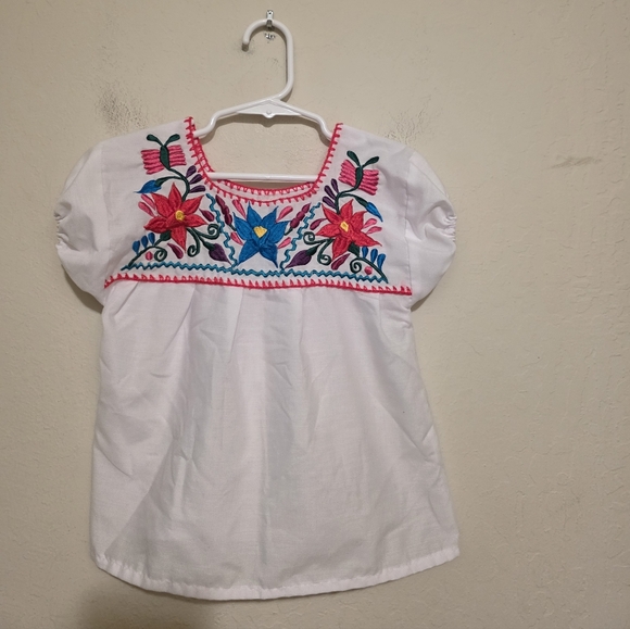 Mexican Other - Mexican Colorful Floral Embroidered White Kids Blouse Size 4T